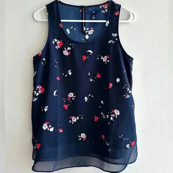 GAP Navy Blue Tank Top with Flowers, Square Tank Top, Layering Tank, Size Small - Picture 1 of 16